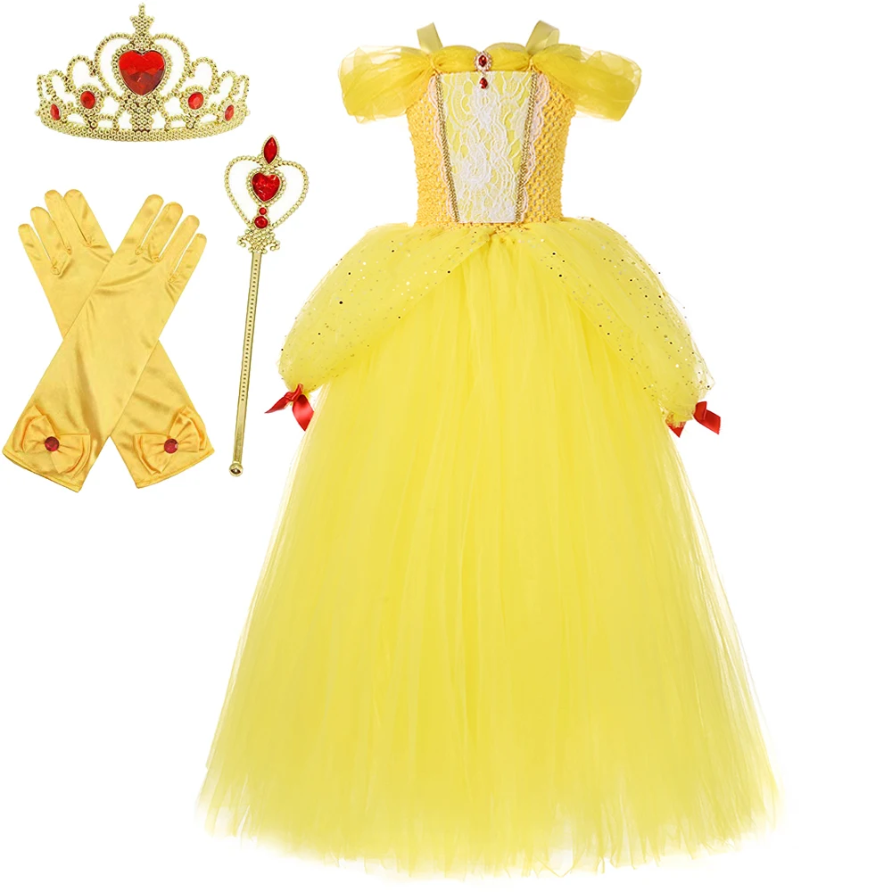

Sparkly Disney Princess Belle Long Tutu Dress for Girls Beauty and the Beast Costumes Party Ball Gown Kids Outfits Girl Clothes