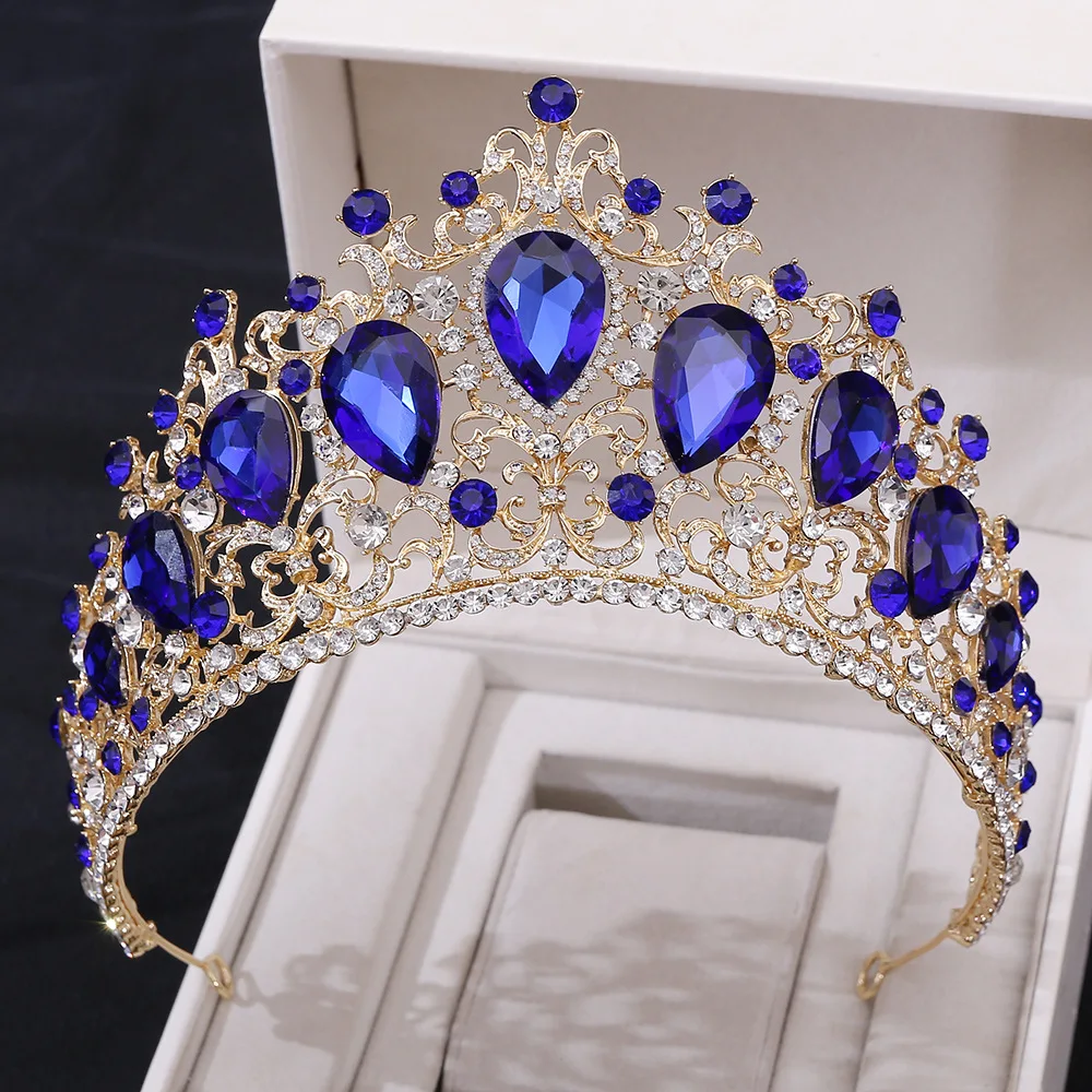 

KMVEXO Baroque Gold Colorful Crystal Tiaras Crowns Big Rhinestone Diadem Veil Tiara Bridal Headbands Wedding Hair Accessories