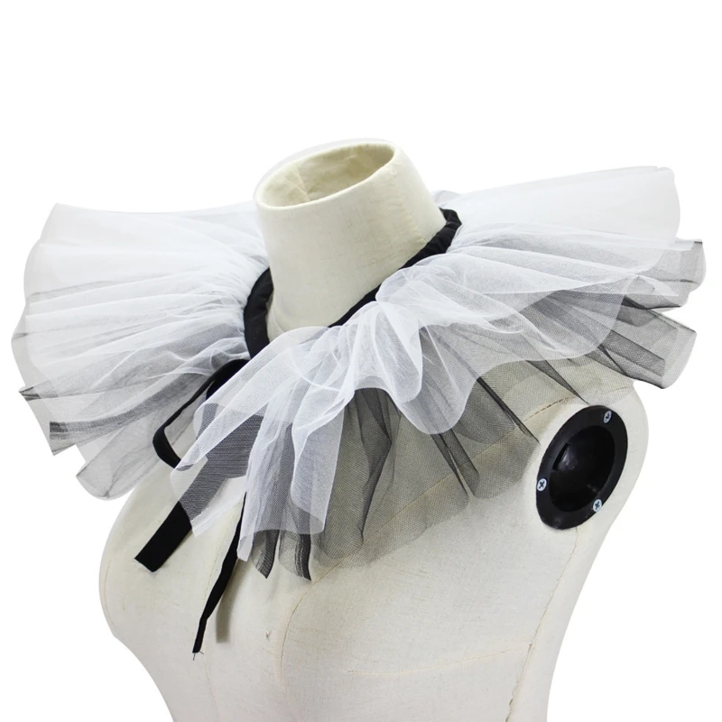 

Women Renaissance Tulle Ruffled Fake Collar Layered Black White Mesh Clown Choker Lace-Up Ribbon Victorian Neck Ruff Shawl Props