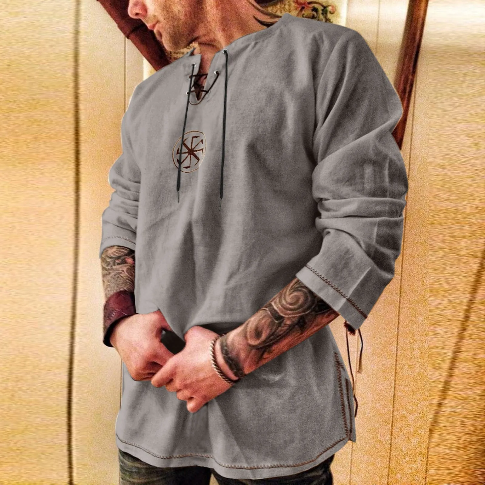 New Men's Cotton Linen Shirt Loose Fashion Ancient Viking Embroidery V-neck Lace Up Shirts Men Casual Long Sleeves Tee Shirts
New Men's Cotton Linen Shirt Loose Fashion Ancient Viking Embroidery V-neck Lace Up Shirts Men Casual Long Sleeves Tee Shirts