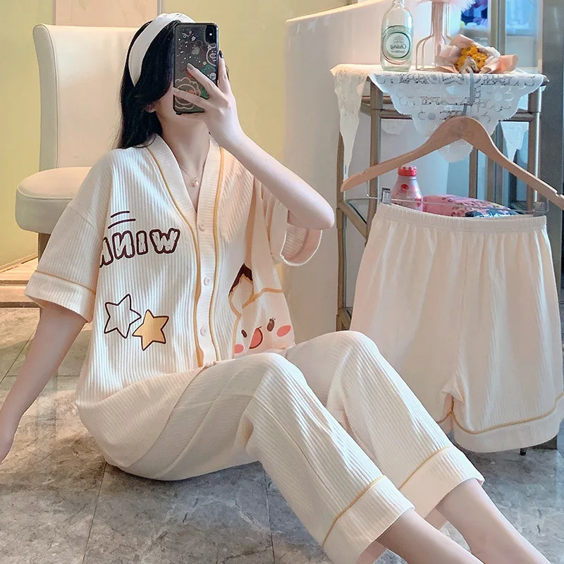 3PCS Pajamas Set Women Short Sleeve Sleepwear Summer Kimono Pyjama Casual Loungwear V Neck Tops With 2 Pants Nightgown Gift
3PCS Pajamas Set Women Short Sleeve Sleepwear Summer Kimono Pyjama Casual Loungwear V Neck Tops With 2 Pants Nightgown Gift