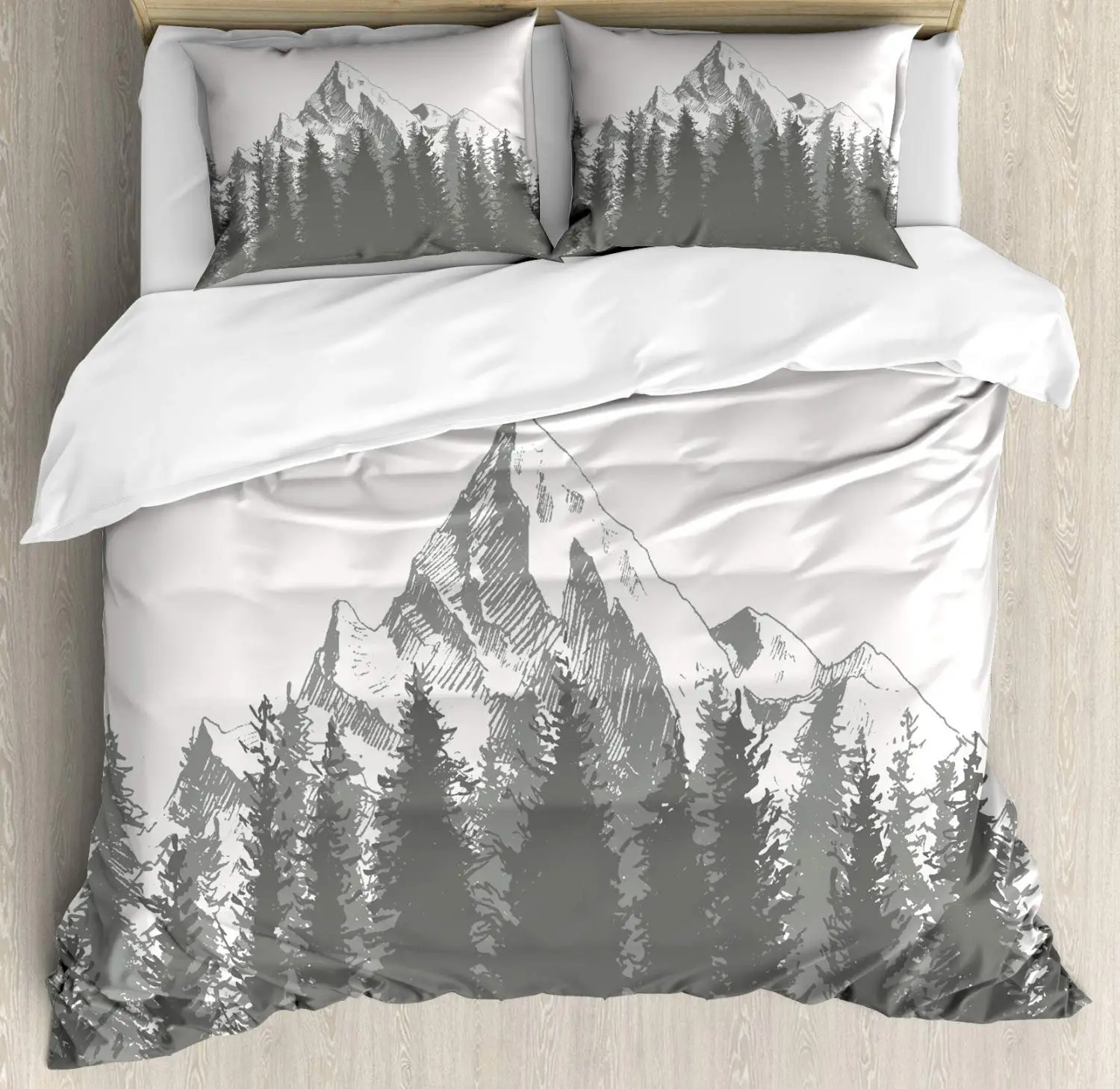 

Mountain Bedding Pine Forest Duvet Cover 2/3pcs Polyester Comforter Cover Queen/King Size,Nature Scene Grey Trees Art Folk Style