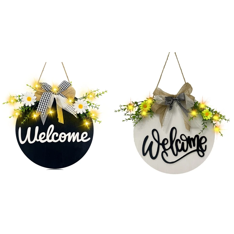 

Lighted Welcome Wreath Sign Front Door Porch Decor Rustic Round Wooden Hanging Hello Sign Outdoor Spring Summer Decor