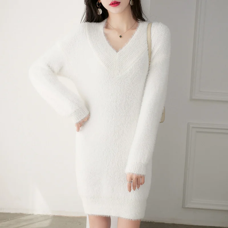 #1042 Winter White Purple Mohair Sweater Dress Women V-neck Warm Elastic Short Knitted Dresses Ladies Long Sleeve Korean Style
#1042 Winter White Purple Mohair Sweater Dress Women V-neck Warm Elastic Short Knitted Dresses Ladies Long Sleeve Korean Style