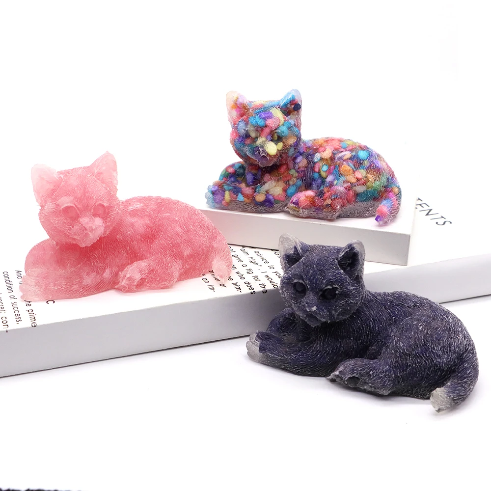 

Resin Cat Statue with Natural Surrounded Rose Quartz Reiki Healing Crystal Stone Craft Animal Figurine Home Decoration Gift 3.5"