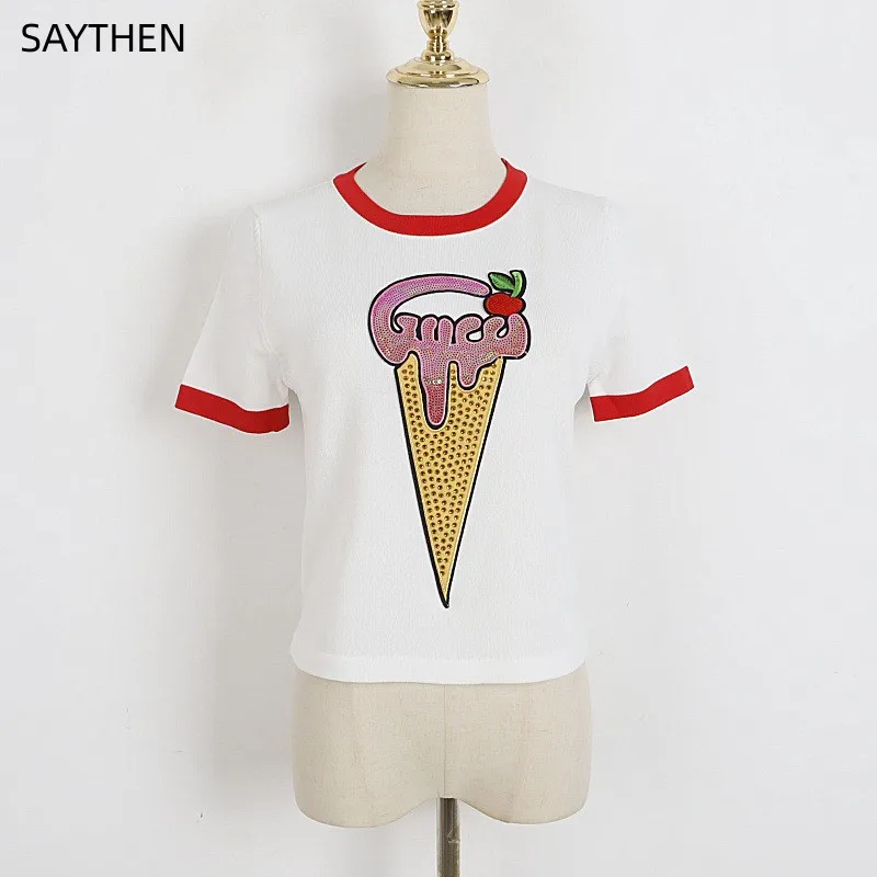 SAYTHEN 2023 Women New Spring Summer Beaded Sweet Ice Cream Pattern Sequin Knit T-Shirt Strawberry Embroidered Short Sleeve Tops
SAYTHEN 2023 Women New Spring Summer Beaded Sweet Ice Cream Pattern Sequin Knit T-Shirt Strawberry Embroidered Short Sleeve Tops