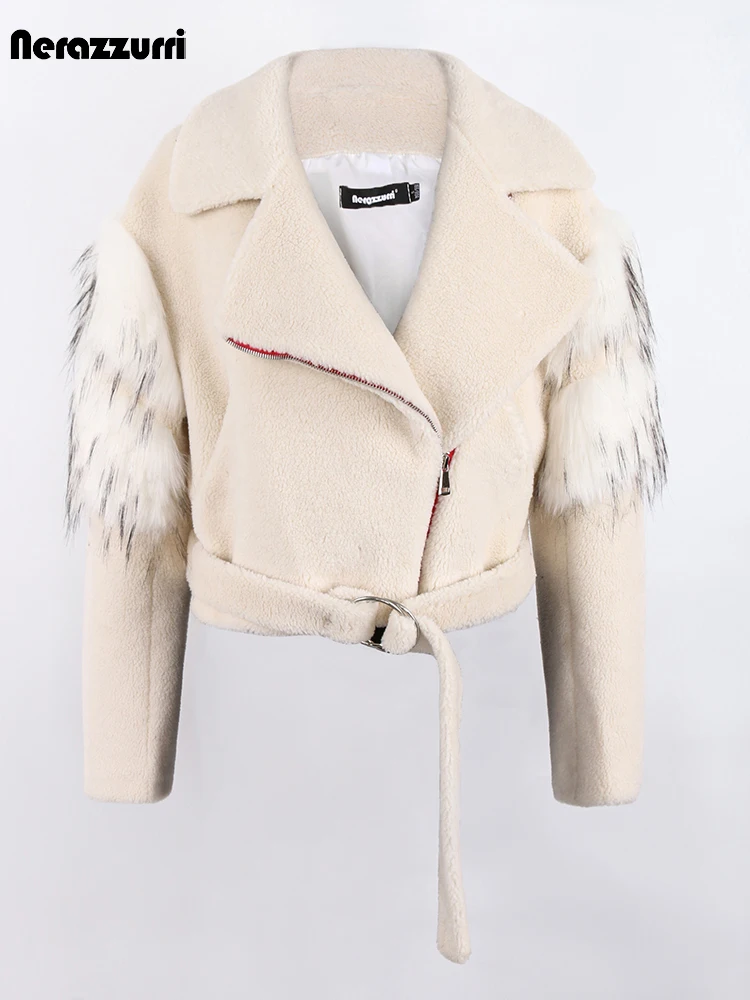 Nerazzurri Winter Short Thick Warm Fluffy Faux Fur Biker Jacket Women with Fox Fur on Sleeves Designer Lambswool Outerwear 2022 
Nerazzurri Winter Short Thick Warm Fluffy Faux Fur Biker Jacket Women with Fox Fur on Sleeves Designer Lambswool Outerwear 2022