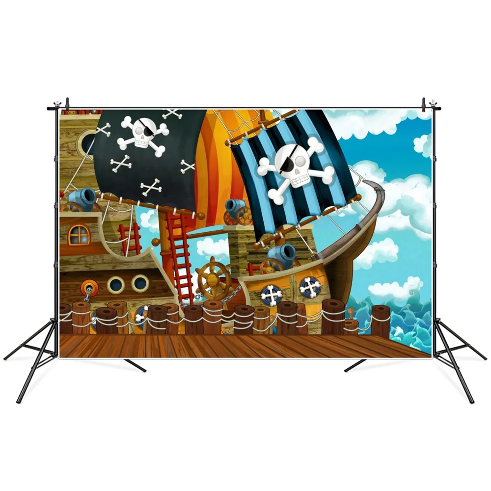 

Pirate Ship Birthday Decoration Photography Backdrops Treat Children Adventure Party Photographic Backgrounds Portrait Props