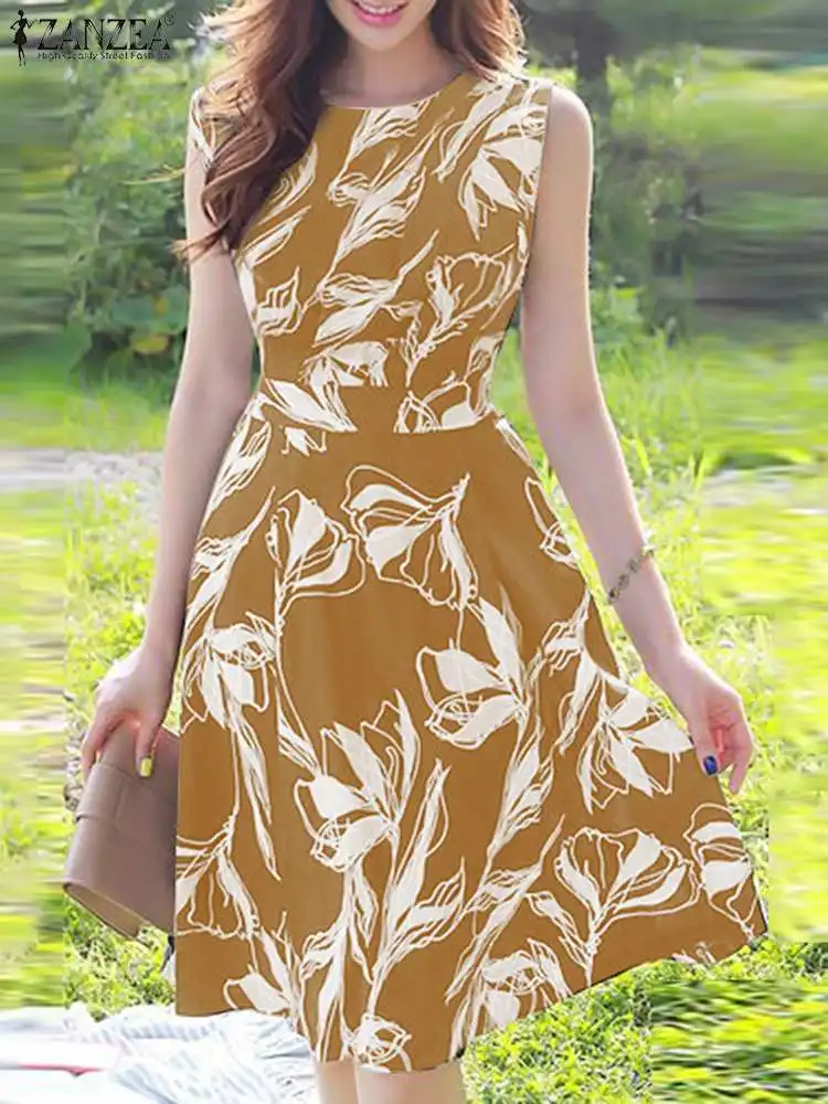 ZANZEA Women Cinched Waist Floral Sundress Knee-Length Dresses Bohemian 2023 Summer Tank Vestidos Fashion O-neck Sleeveless Robe 
ZANZEA Women Cinched Waist Floral Sundress Knee-Length Dresses Bohemian 2023 Summer Tank Vestidos Fashion O-neck Sleeveless Robe