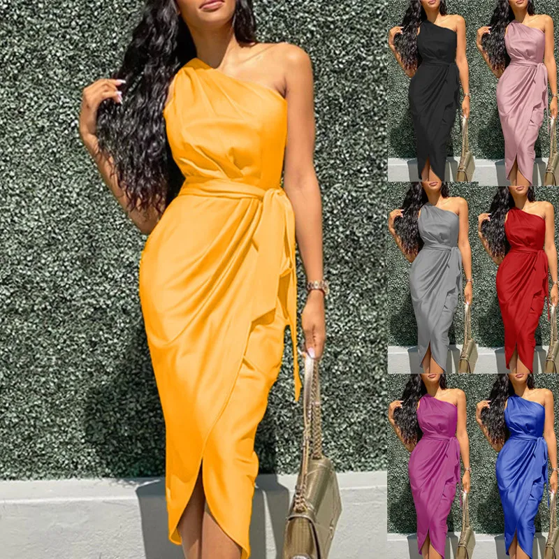 Silk Satin One Shoulder Bodycon Elegant Dress Women 2022 Spring Summer Club Party Wrap Waist Green Purple Midi Dresses
Silk Satin One Shoulder Bodycon Elegant Dress Women 2022 Spring Summer Club Party Wrap Waist Green Purple Midi Dresses