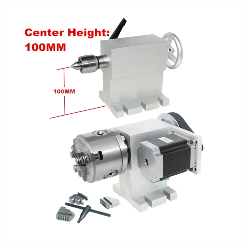 

4 Jaw Chuck 80mm Rotary A Axis Center Height 100MM with Tailstock MT2 for CNC Router