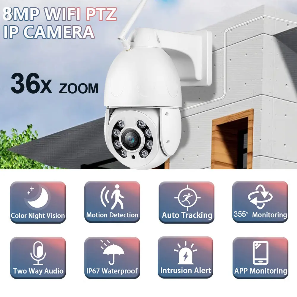 

HD 8MP 4K PTZ IP Camera WiFi Outdoor AI Human Tracking 36X Zoom Color Night Vision Onvif POE CCTV Speed Dome Camera Audio Camhi