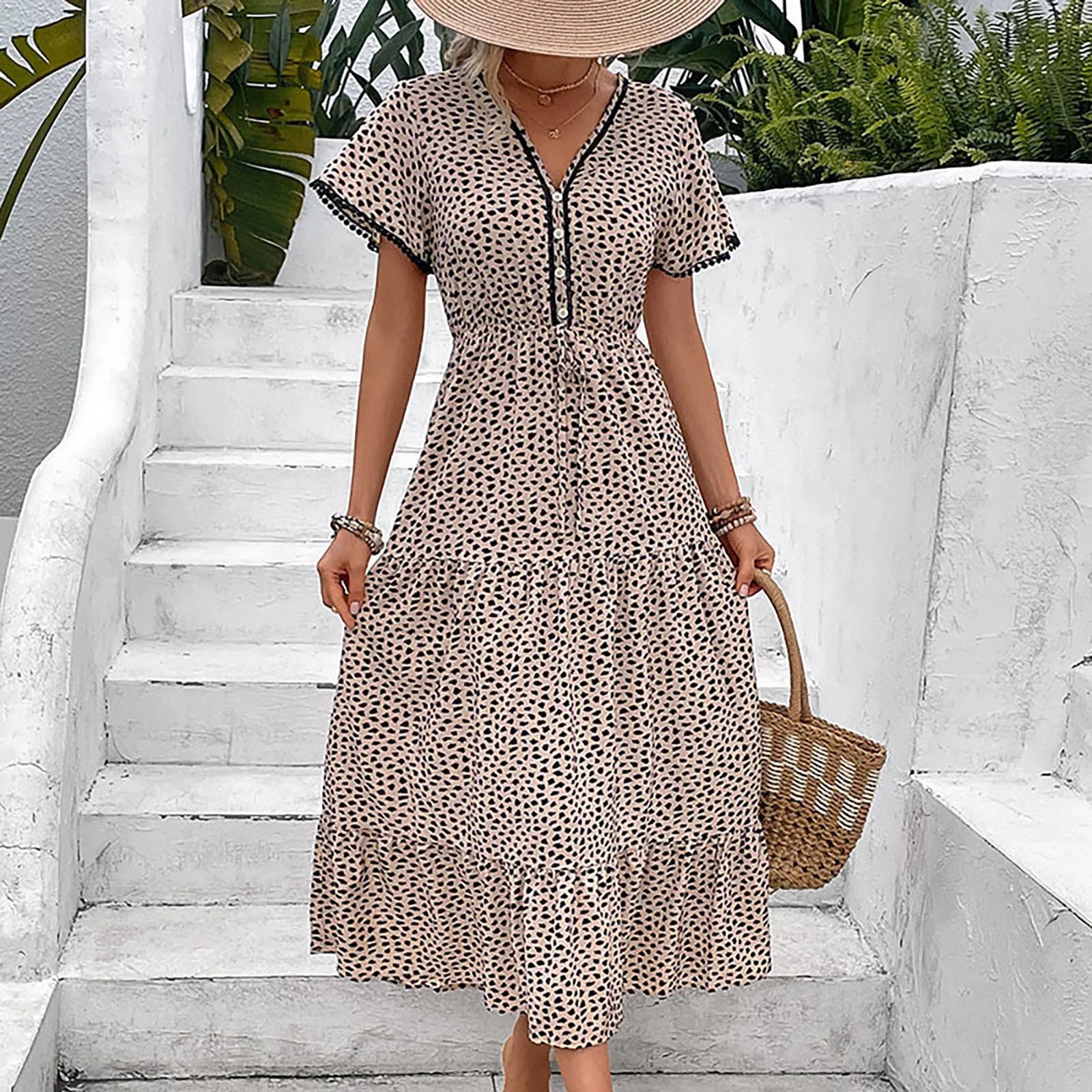 Women Leopard Print Casual V Neck Short Sleeved A Line Beach Long Robe Dress High Neck Midi Dress
Women Leopard Print Casual V Neck Short Sleeved A Line Beach Long Robe Dress High Neck Midi Dress