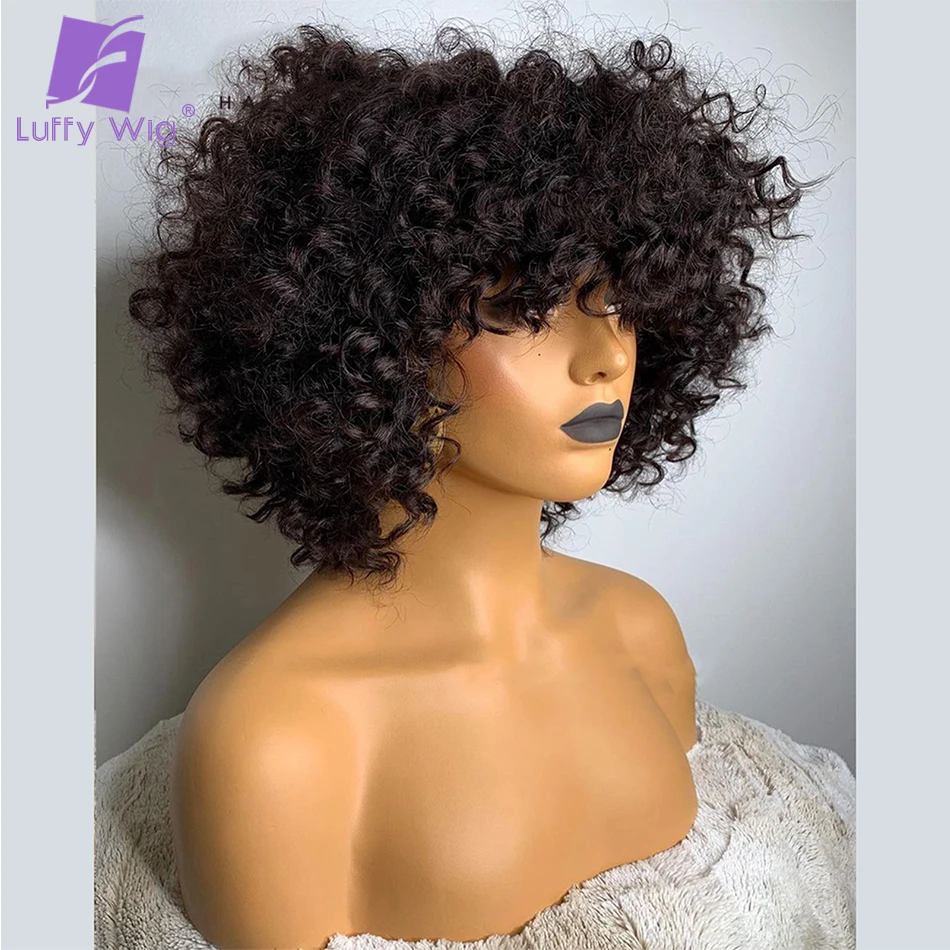 

Short Afro Kinky Curly Bob Wigs Human Hair Brazilian 180% Density Glueless Short Pixie Cut Wig With Bangs Full Machine Made Wig