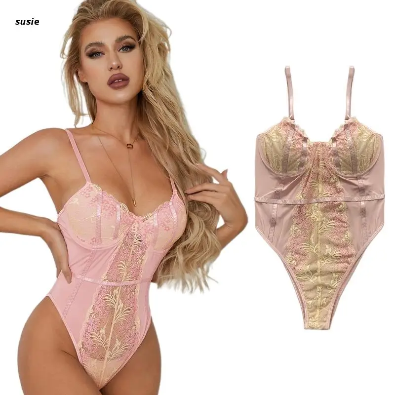 Женское Прозрачное цветочное Кружевное боди X7YA с тонкими бретельками и V-образным вырезом 
Женское Прозрачное цветочное Кружевное боди X7YA с тонкими бретельками и V-образным вырезом