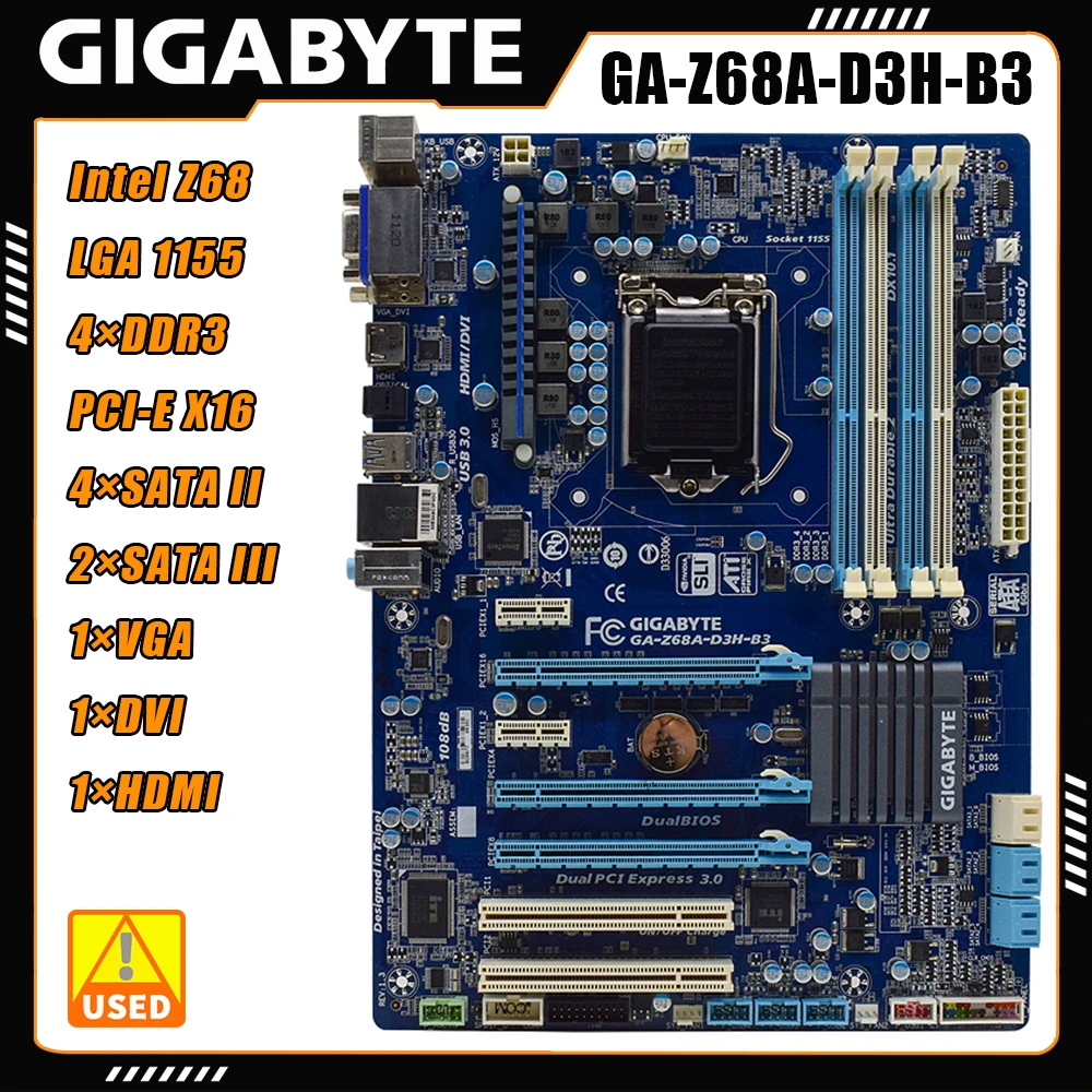 

Gigabyte GA-Z68A-D3H-B3 motherboard Intel Z68 chipset LGA 1155 supports i7 i5 i3 Pentium Celeron processor DDR3 32GB 2133 1866