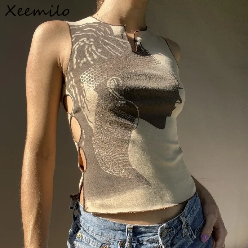 

Xeemilo Side Hollow Out Print Tank Top Vintage Sleeveless V-neck Summer Crop Tops 90s Fashion Women Slim Skinny Fairycon Corsets