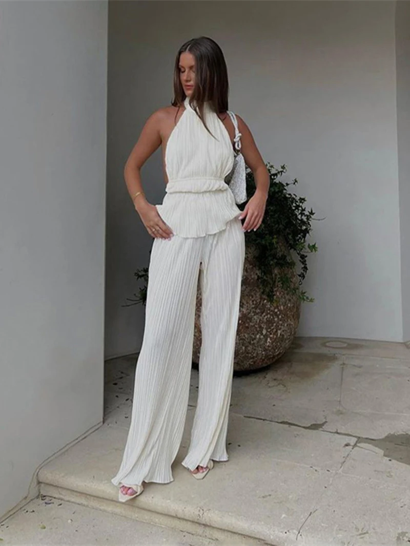 Pleated Pants Sets Women Summer Sexy Chic Clothing Halter Backless Tank Top Wide Leg Trousers Suits Elegant 2 Piece Set Outfits
Pleated Pants Sets Women Summer Sexy Chic Clothing Halter Backless Tank Top Wide Leg Trousers Suits Elegant 2 Piece Set Outfits