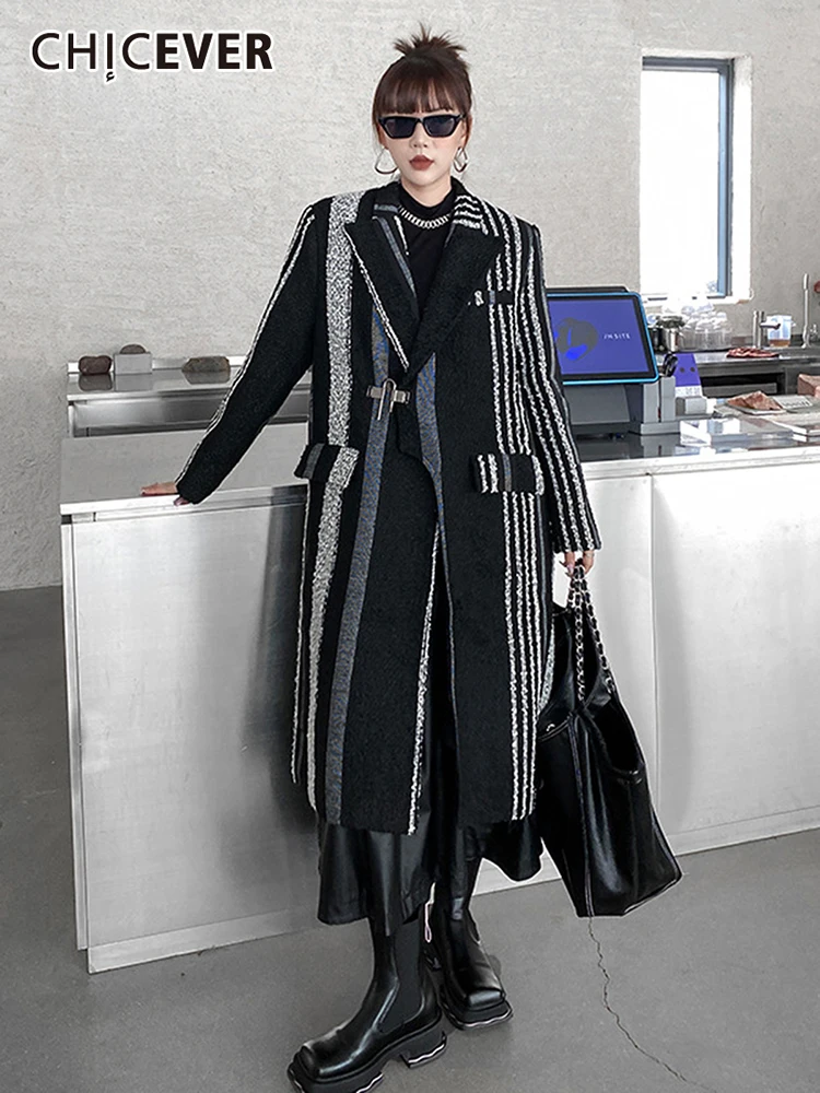 CHICEVER hit color coat for women lapel long sleeve striped patchwork belt casual temperament coats female fashio style 2022 new 
CHICEVER hit color coat for women lapel long sleeve striped patchwork belt casual temperament coats female fashio style 2022 new