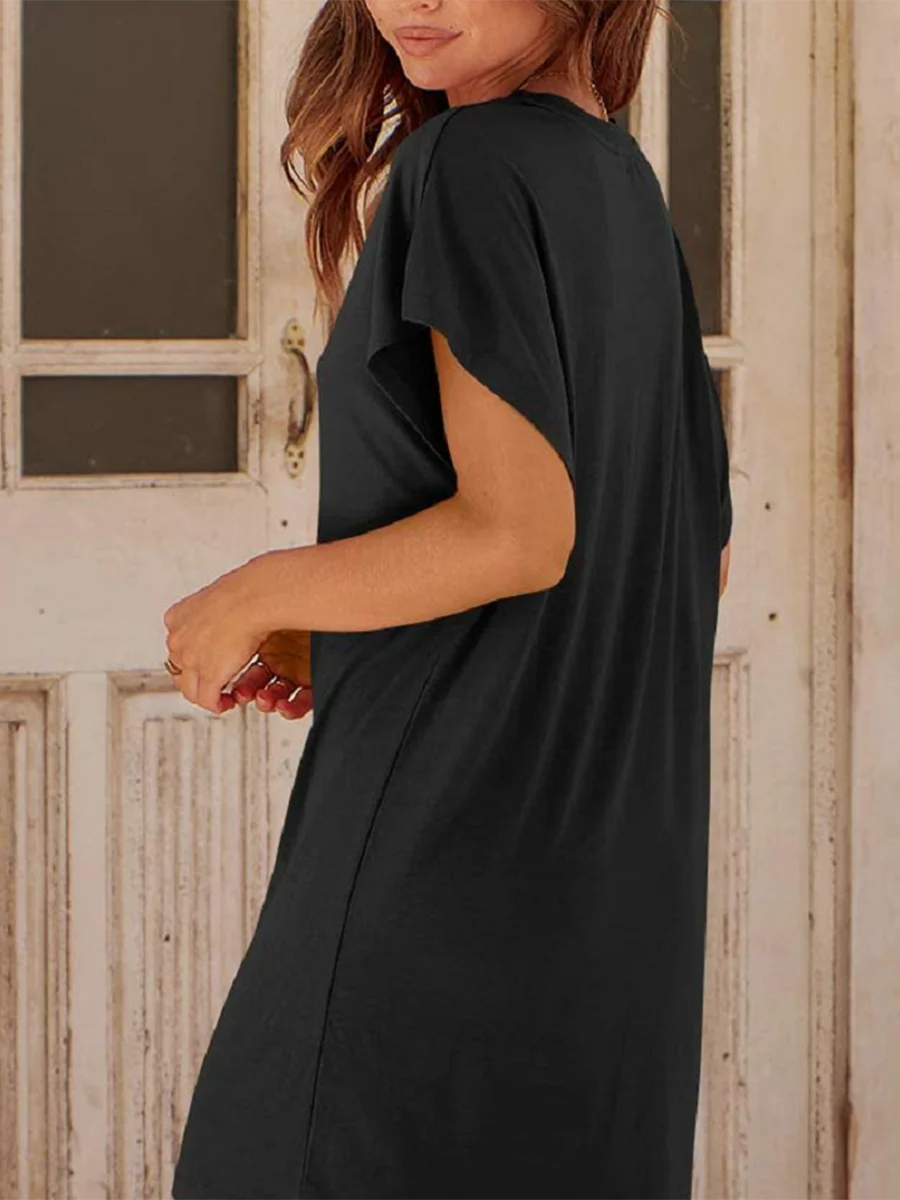 

Women s Solid Color Short Bat Sleeve O Neck Split Dress - Perfect for Summer Beachwear and Daily Wear