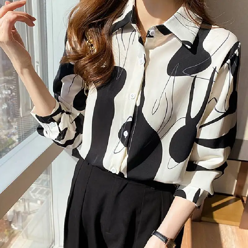 Chiffon Long-sleev Blouse Female High Quality New Lapel Print Temperament Womens Tops Spring Retro Button Up Shirt Office Lady
Chiffon Long-sleev Blouse Female High Quality New Lapel Print Temperament Womens Tops Spring Retro Button Up Shirt Office Lady