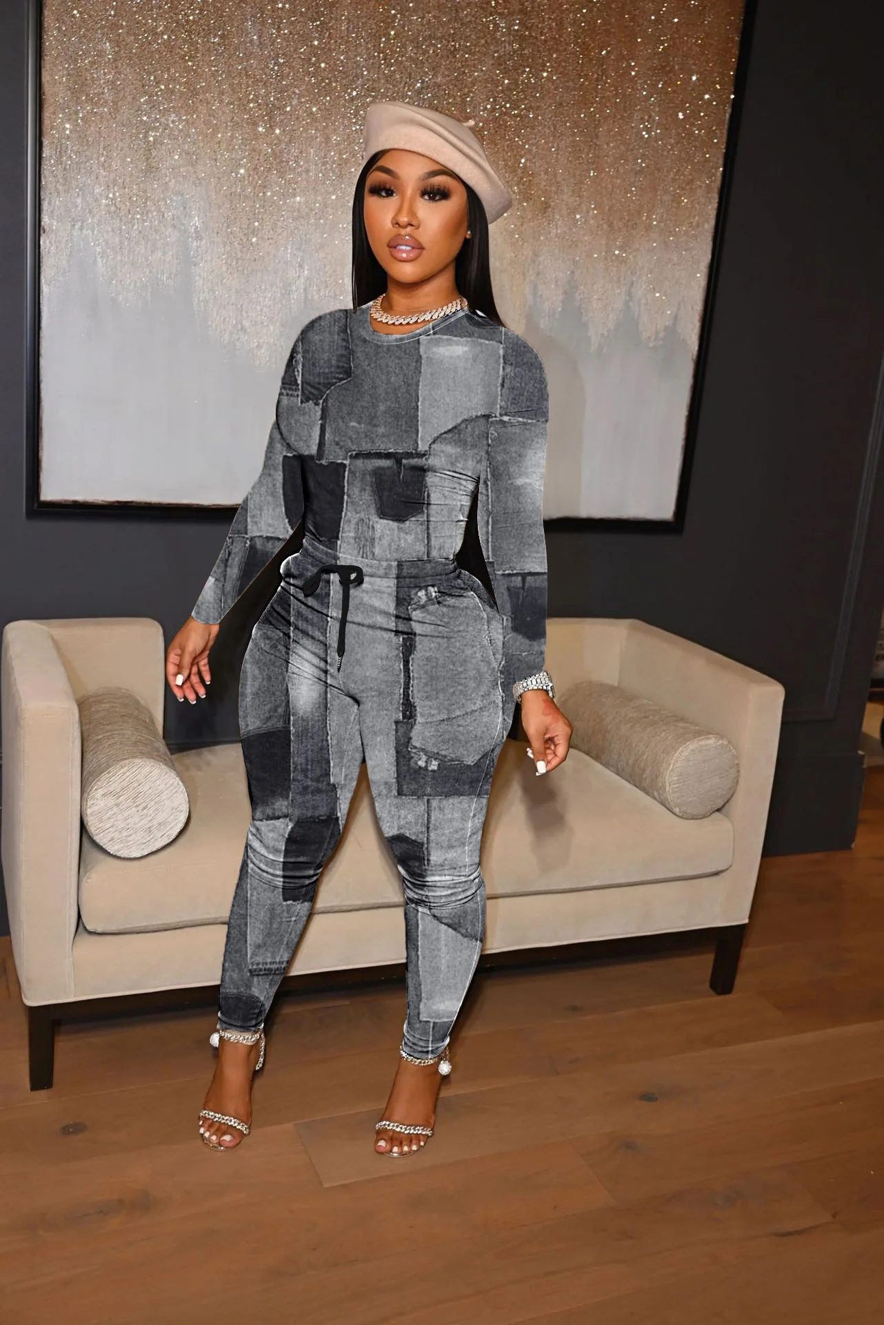 Women Faux Denim Print Tracksuit Casual Long Sleeve O-Neck Top + Drawstring Pencil Pants Two Piece Set Outfits 2022 Autumn
Women Faux Denim Print Tracksuit Casual Long Sleeve O-Neck Top + Drawstring Pencil Pants Two Piece Set Outfits 2022 Autumn