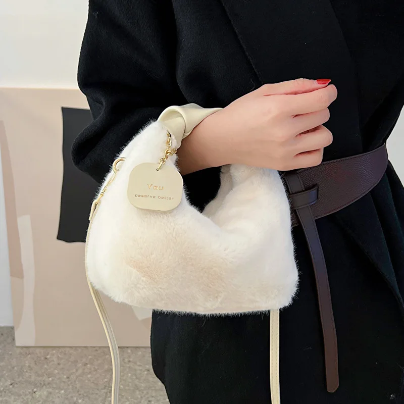 

Женские сумки из искусственного меха в стиле ретро, маленькая дамская сумочка на молнии через плечо, повседневный тоут, модная наплечная сумка-хобо с полумесяцем
