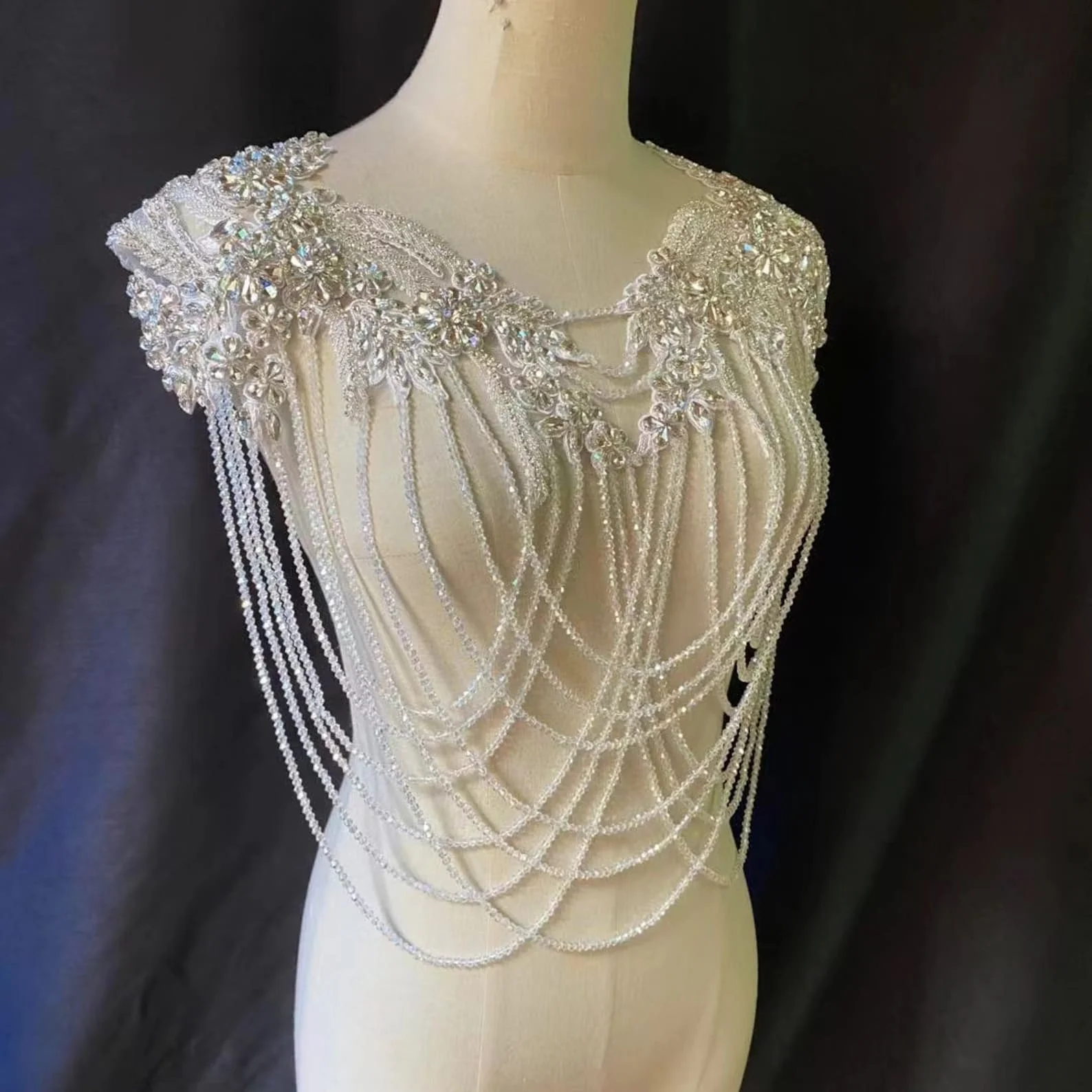 Silver Handmade Rhinestone Applique with Crystal Chains for Couture Crystal Cape Dance Costume, Party Dress, Performance
Silver Handmade Rhinestone Applique with Crystal Chains for Couture Crystal Cape Dance Costume, Party Dress, Performance