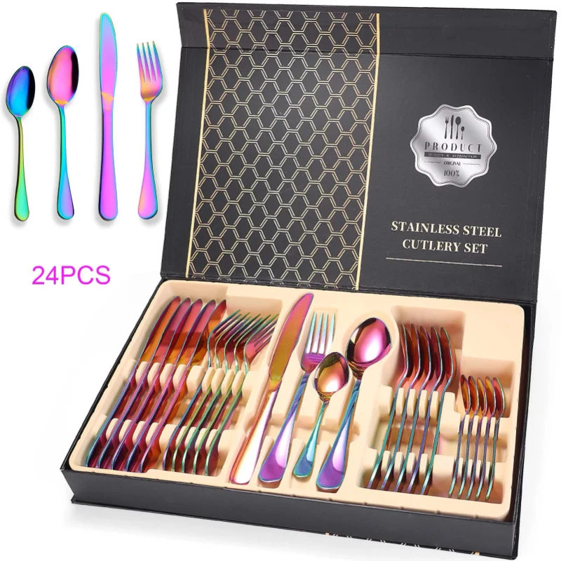 

Silverware Set, 24-Piece Stainless Steel Rainbow Flatware Set, Iridescent Cutlery Utensils Set Service for 6, Mirror Polished, D