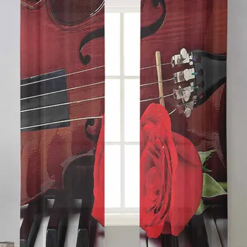 Violin And Red Roses On Piano Sheer Curtains For Living Room Window Transparent Voile Tulle Curtain Cortinas Drapes Home Decor