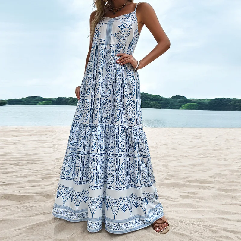 

Speghetti Straps Maxi Long Vestido De Festa Bohemian Style Print Robe Femme Summer Women Fashion Loose Casual Boho Beach Dresses