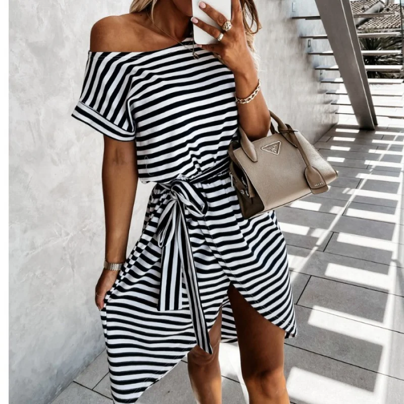 European and American Style Summer New Young off-Shoulder Striped Lace-up Irregular Short Sleeve DressWomen's dress
European and American Style Summer New Young off-Shoulder Striped Lace-up Irregular Short Sleeve DressWomen's dress
