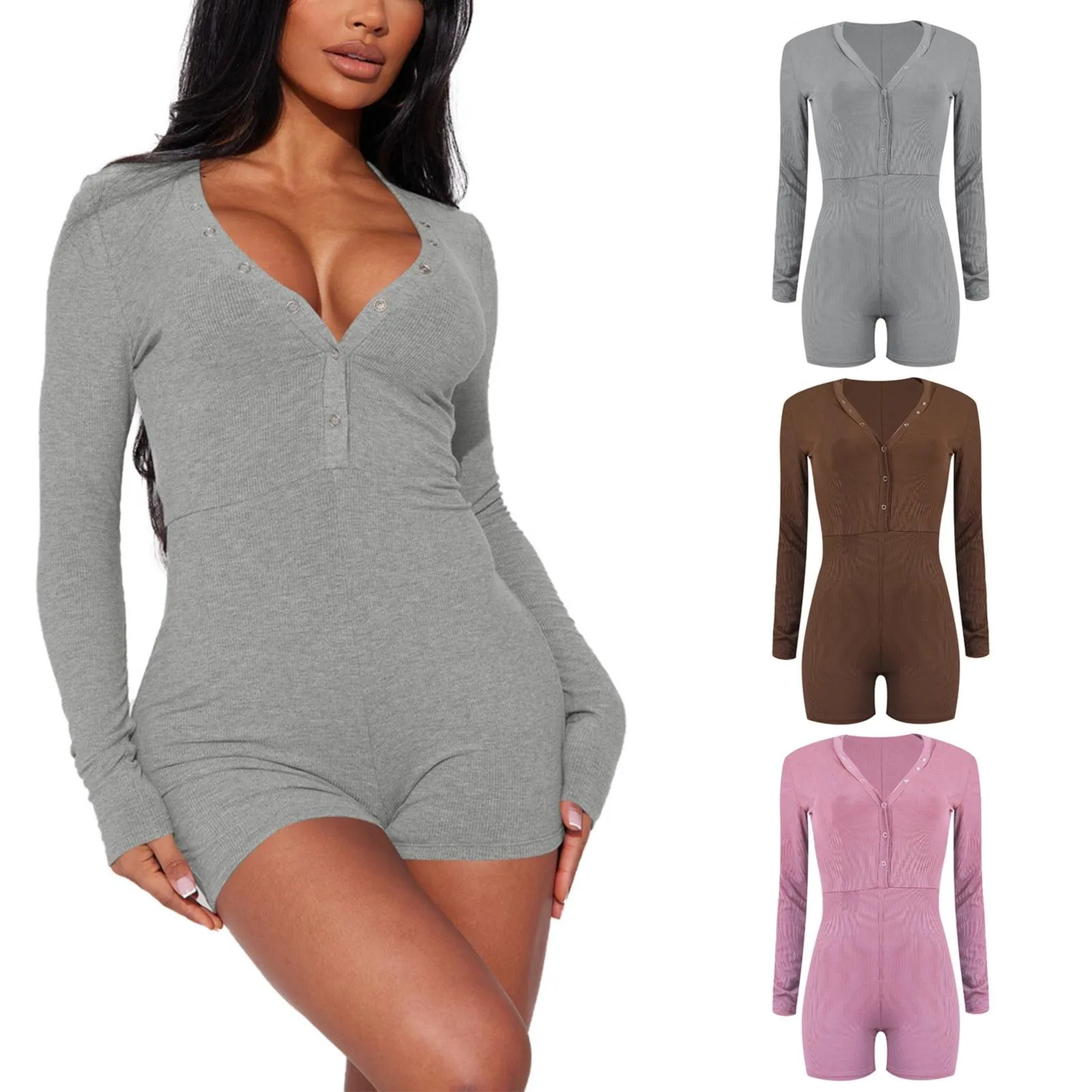 Women Solid Color Long Sleeve Summer Bodycon Playsuit V Neck Buckle Shorts Solid Color Jumpsuits Short Rompers Skinny Playsuit
Women Solid Color Long Sleeve Summer Bodycon Playsuit V Neck Buckle Shorts Solid Color Jumpsuits Short Rompers Skinny Playsuit