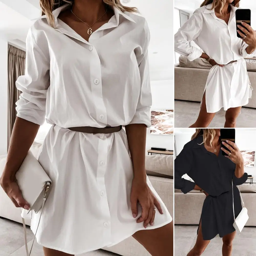 Женское офисное платье с длинным рукавом, однотонное легкое короткое платье с разрезом сбоку на подоле, осень 
Женское офисное платье с длинным рукавом, однотонное легкое короткое платье с разрезом сбоку на подоле, осень