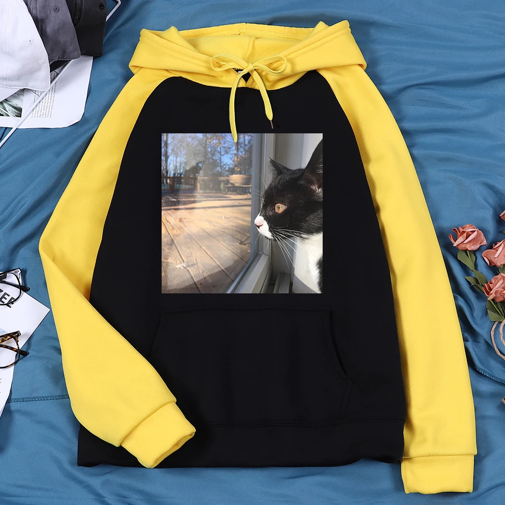 

Kawaii Black Kittenprinting Mans Hoodie Sports Pocket Sweatshirts Hooded Camouflage Tracksuit Casual Raglan Sleeve Male Clothes