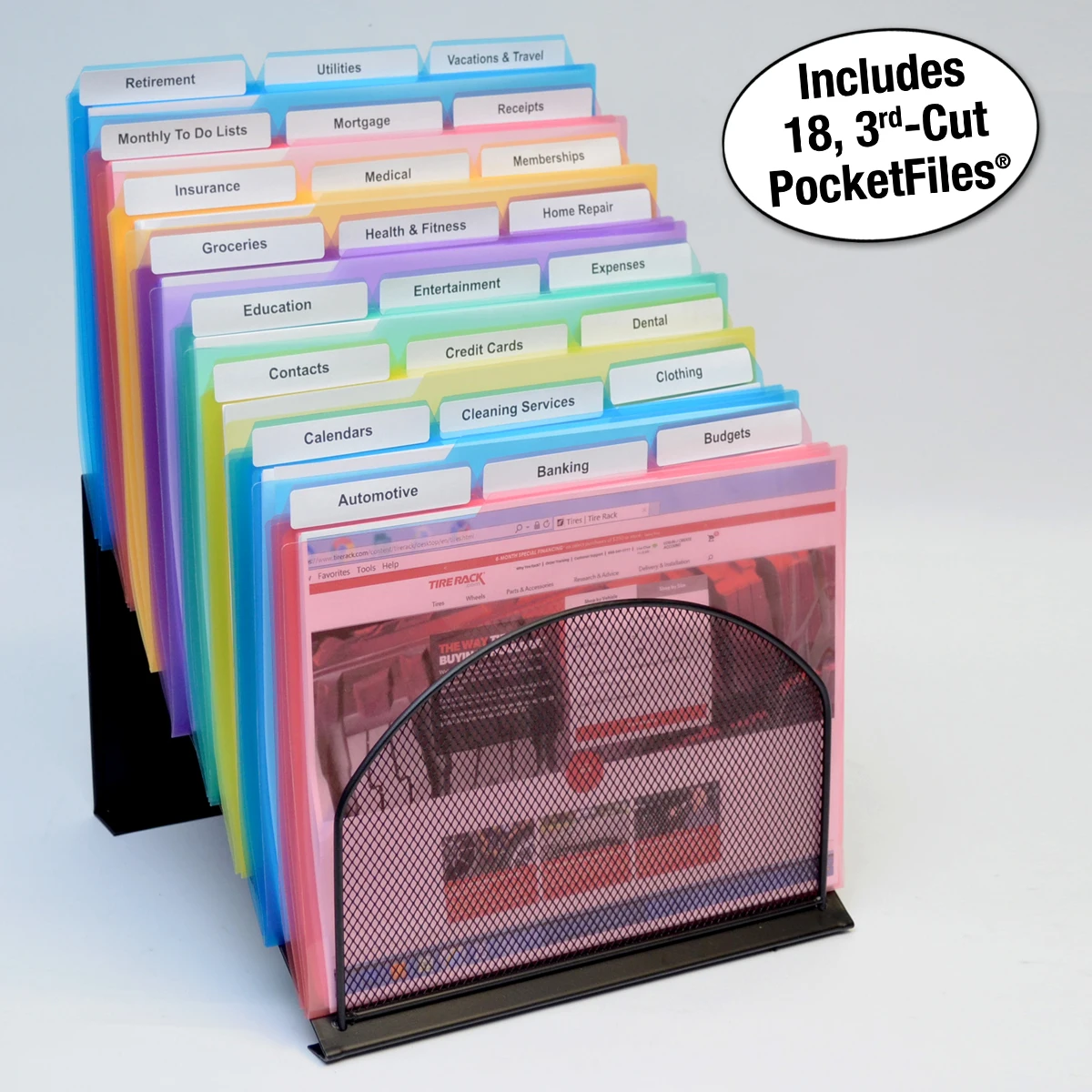 8 Section High Capacity Black Wire Mesh Inclined Desktop Organizer, StepUp File Sorter Rack Includes 18, 3rd-Cut PocketFile Clea
8 Section High Capacity Black Wire Mesh Inclined Desktop Organizer, StepUp File Sorter Rack Includes 18, 3rd-Cut PocketFile Clea