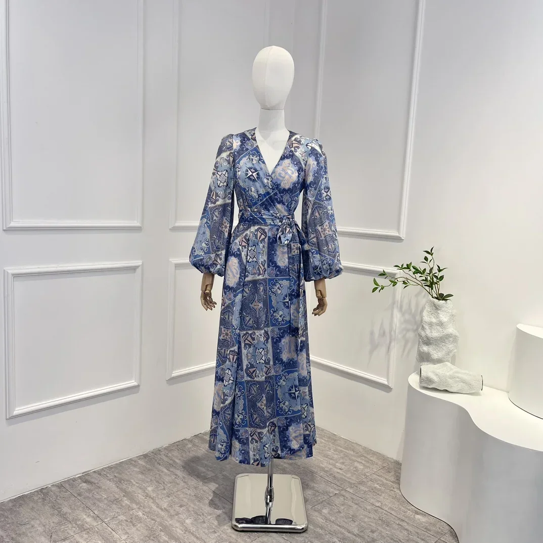 

High Quality Poplin Blue Boat Printing V-neck Belted Lantern Sleeves Spli Hem Romantic Wrap Women Midi Dress 2023