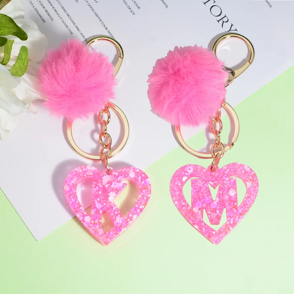 

A-Z 26 Initials Keychain Pink Heart Alphabet Letter Keyring Cute Fluffy Pompom Charms Glitter Resin Handbag Pendant Accessories
