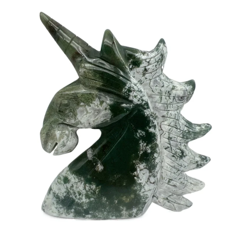 

Natural Green Moss Agate Unicorn Statue Carved Figurine Room Decor Healing Crystals Reiki Gemstone Craft Gift Animal Ornament