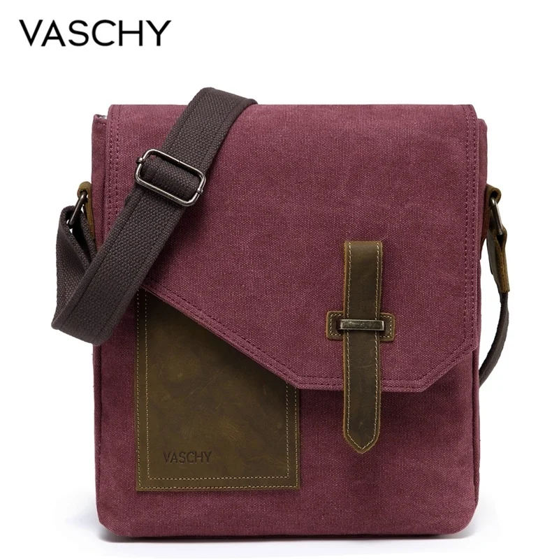 

VASCHY Small Messenger Bag for Women Irregular Water Resistant Canvas Vintage Cowhide Leather Shoulder Crossbody Bag Burgundy