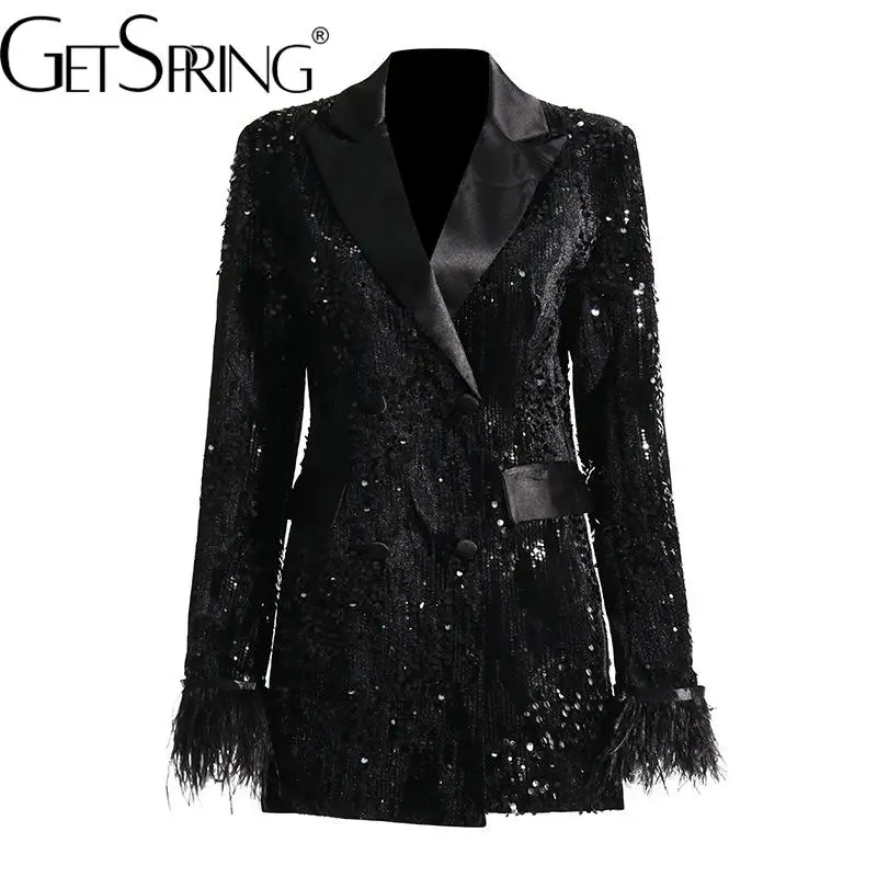 

Блейзер GetSpring для женщин, двубортный женский черный пиджак с блестками и перьями, Модный женский облегающий пиджак, Осень-зима