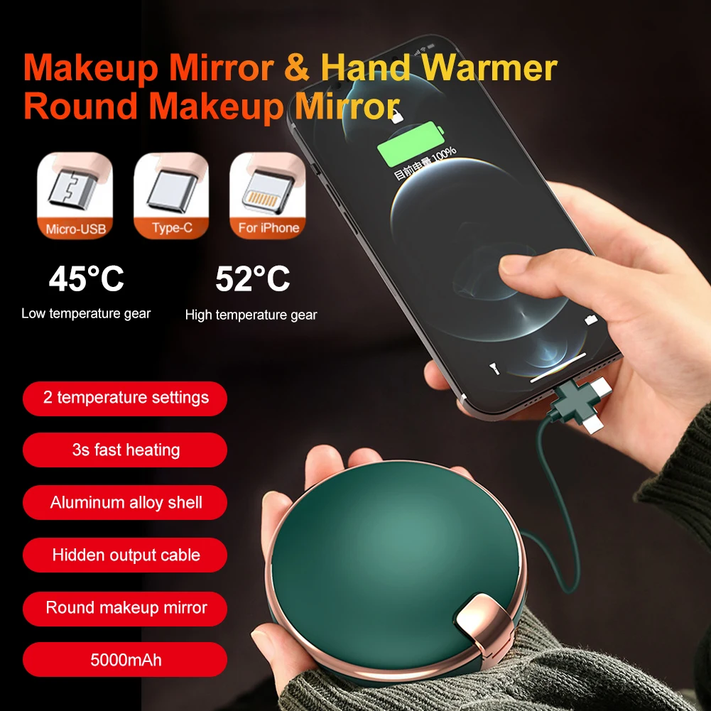 5000mah Portable Hand Warmer With Makeup Mirror USB Rechargeable Mini Handwarmers 2 Temp Levels Power Bank For Outdoor Camping
5000mah Portable Hand Warmer With Makeup Mirror USB Rechargeable Mini Handwarmers 2 Temp Levels Power Bank For Outdoor Camping