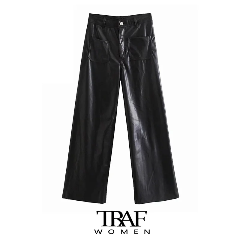 TRAF Za Women Fashion Patch Pockets Faux Leather Straight Pants Vintage High Waist Zipper Fly Female Ankle Trousers Mujer
TRAF Za Women Fashion Patch Pockets Faux Leather Straight Pants Vintage High Waist Zipper Fly Female Ankle Trousers Mujer