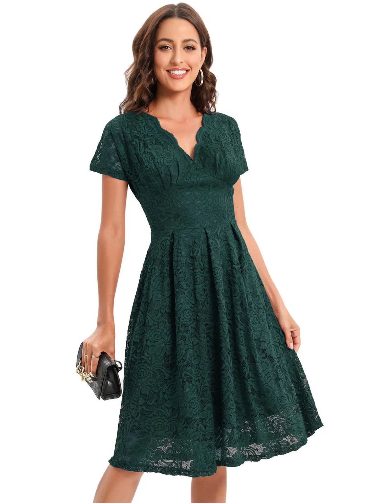Elegant Women Party Lace Dress V Neck Short Sleeve High Waist Green Tunic Sundress Evening Ladies Vintage Big Swing Midi Dresses 
Elegant Women Party Lace Dress V Neck Short Sleeve High Waist Green Tunic Sundress Evening Ladies Vintage Big Swing Midi Dresses