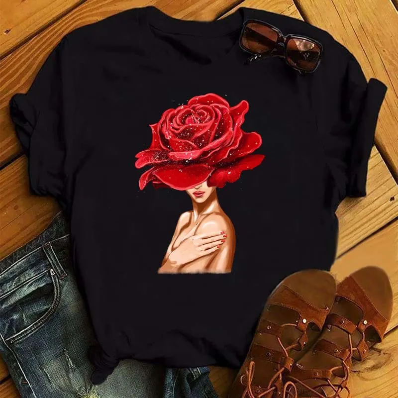 Women Summer Short Sleeve Floral Flower Fashion Lady T-shirts Black Top T Shirt Ladies Womens Graphic Female Tee T-Shirt
Women Summer Short Sleeve Floral Flower Fashion Lady T-shirts Black Top T Shirt Ladies Womens Graphic Female Tee T-Shirt