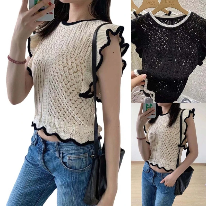 New style Summer Fashion Crop Tops Women O-neck Knitted T-shirts Sleeveless Ruffle Tops 
New style Summer Fashion Crop Tops Women O-neck Knitted T-shirts Sleeveless Ruffle Tops