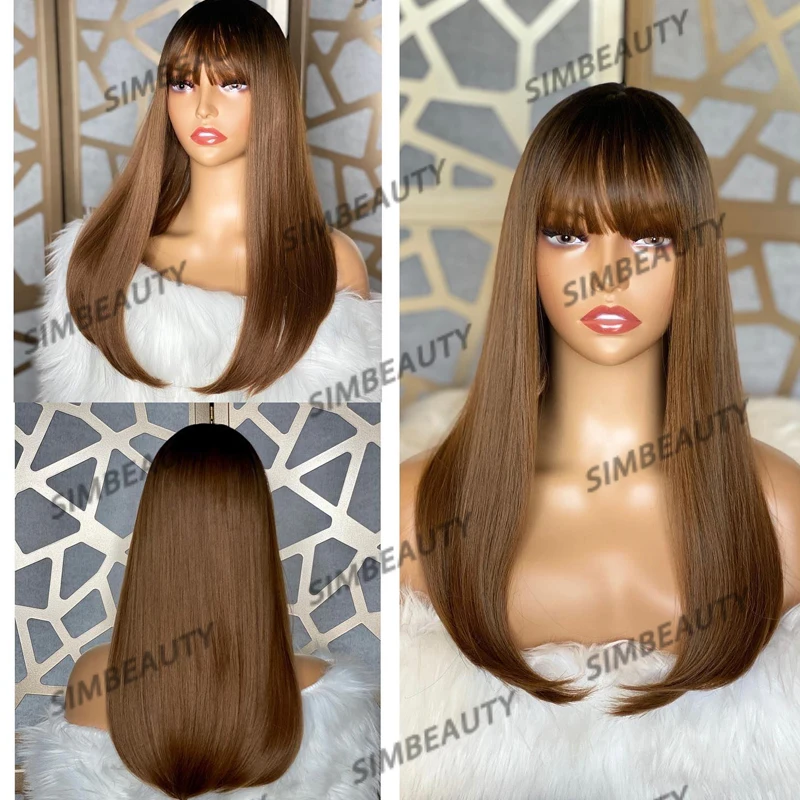 

Peruvian Ombre Fringe Golden Blonde Human Hair 5x5 Lace Closure Wigs with Bangs Glueless 13x6 Deep Part Lace Front Women Wigs