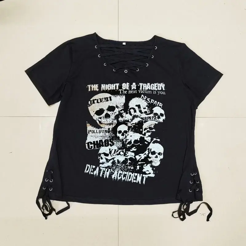 V Neck Drawstring Design Sense Tees Letter Skull Print Short Sleeve All-match Tops Y2k Clothes Subcultural Punk Women T-shirts
V Neck Drawstring Design Sense Tees Letter Skull Print Short Sleeve All-match Tops Y2k Clothes Subcultural Punk Women T-shirts
