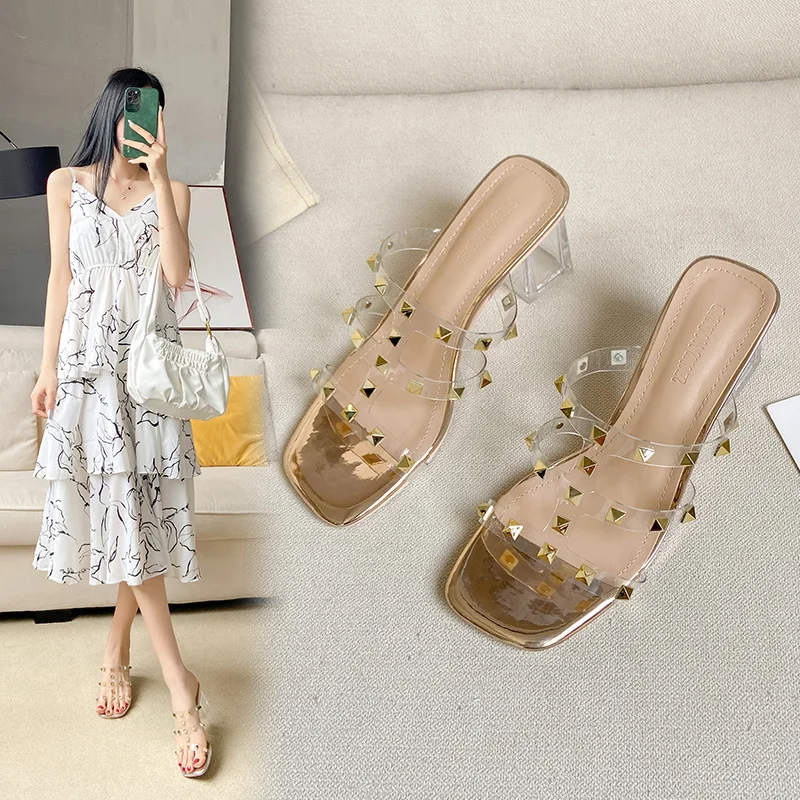 

Women's shoes Transparent high heels women's 2022 new fashion trend crystal rivets one word strap Roman sandals