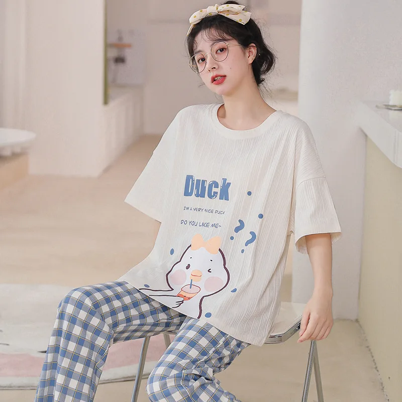 Women Pajamas Kawaii Duck Print Pyjama Short Sleeve 2 Pieces Sleepwear Summer Soft Knitted Cotton Casual Loungewear Nightsuit
Women Pajamas Kawaii Duck Print Pyjama Short Sleeve 2 Pieces Sleepwear Summer Soft Knitted Cotton Casual Loungewear Nightsuit